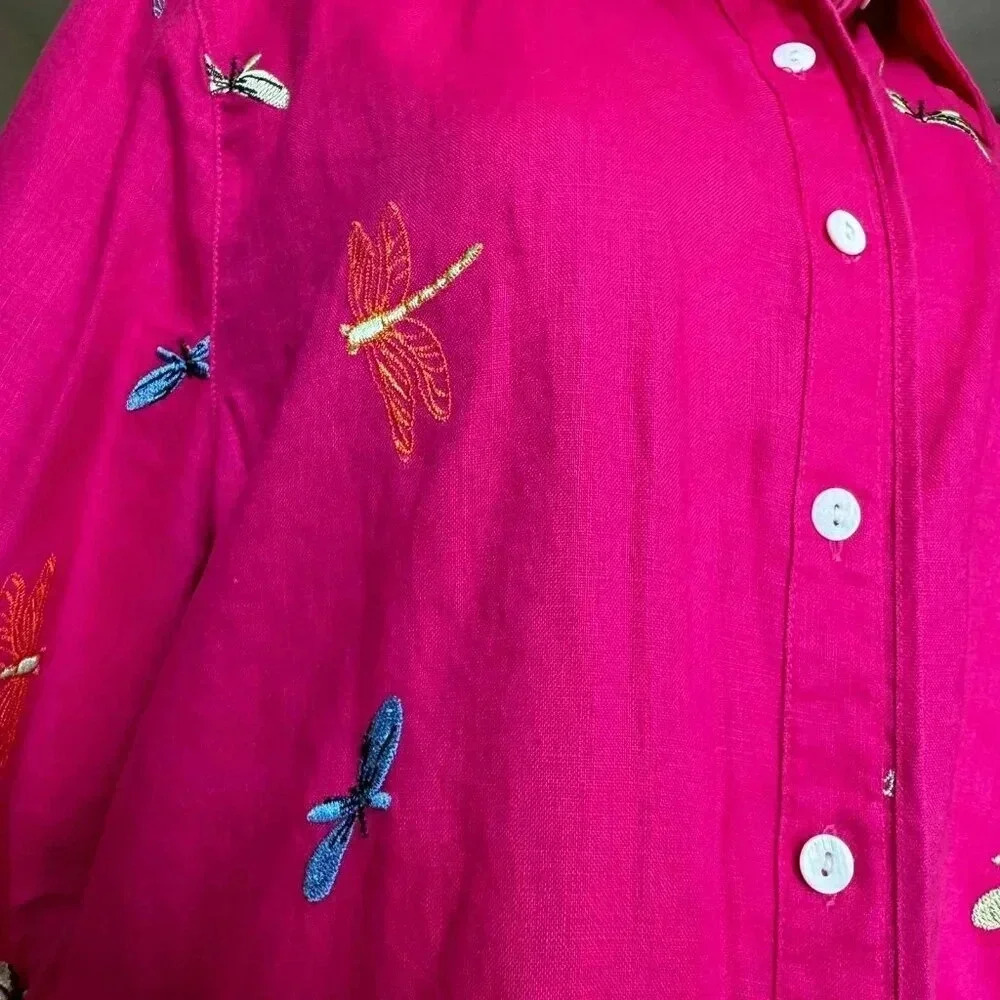 KIM ROGERS Women’s Top Blouse size L embroidered dragonflies 100% linen blouse - Picture 6 of 12